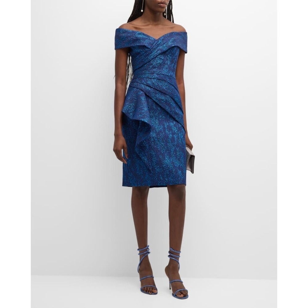 Rickie Freeman For Teri JonOff-Shoulder Pleated‎ Jacquard Midi Dress. NWT Sz 18